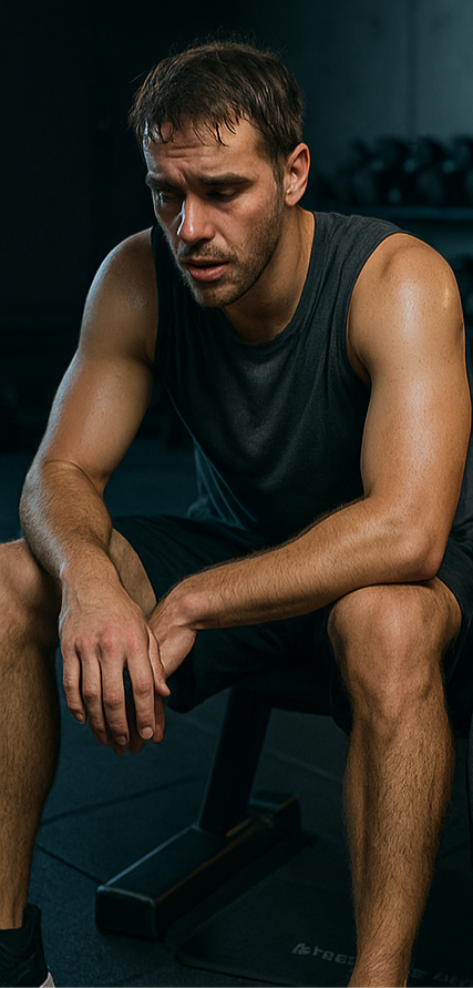 Athletic man and woman looking tired during workout, then energetic after taking supplement, split image before/after effect, gym setting, motivational vibe.